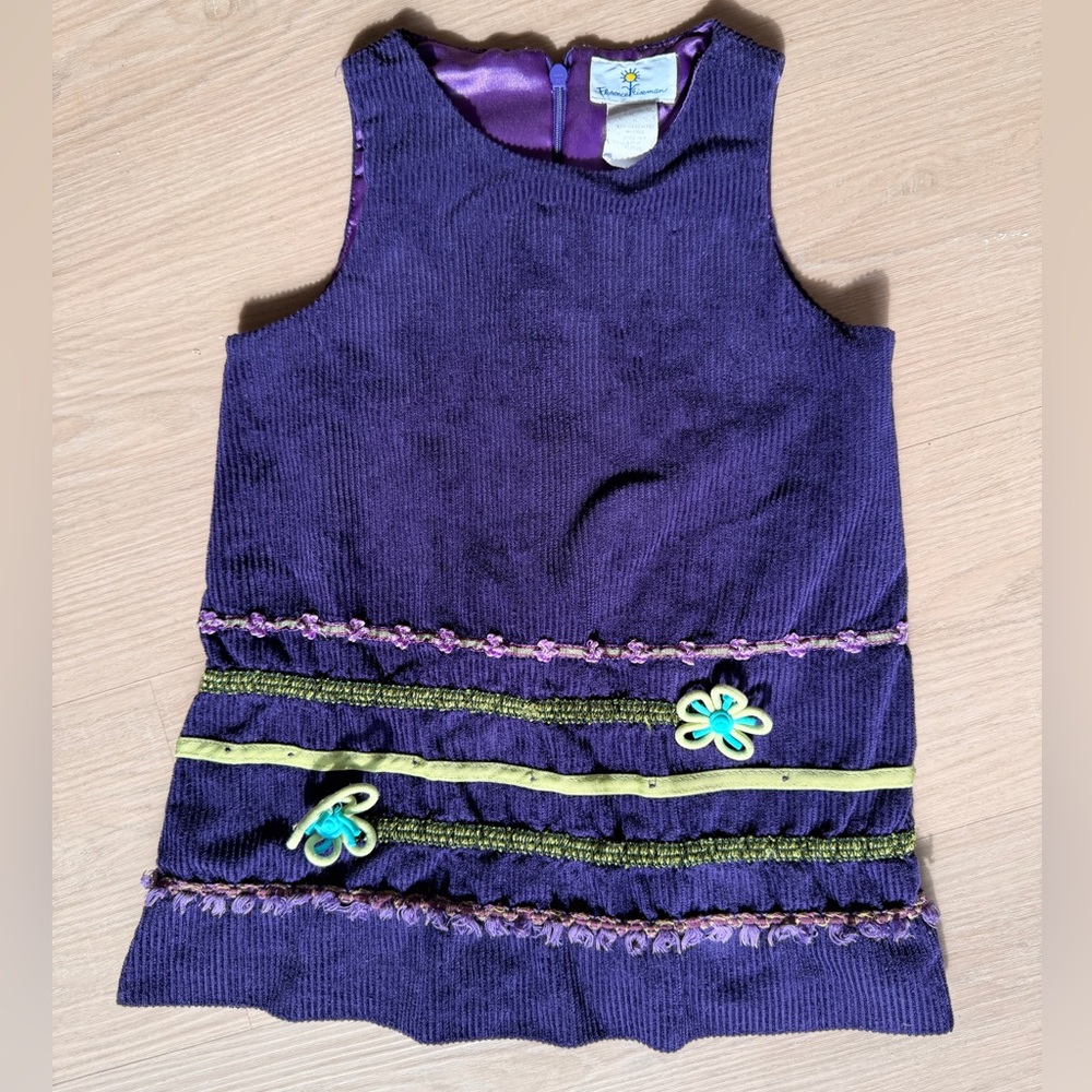 Florence Eiseman Purple Corduroy Dress Girls 3T – Floral Appliqué, Velvet Trim
